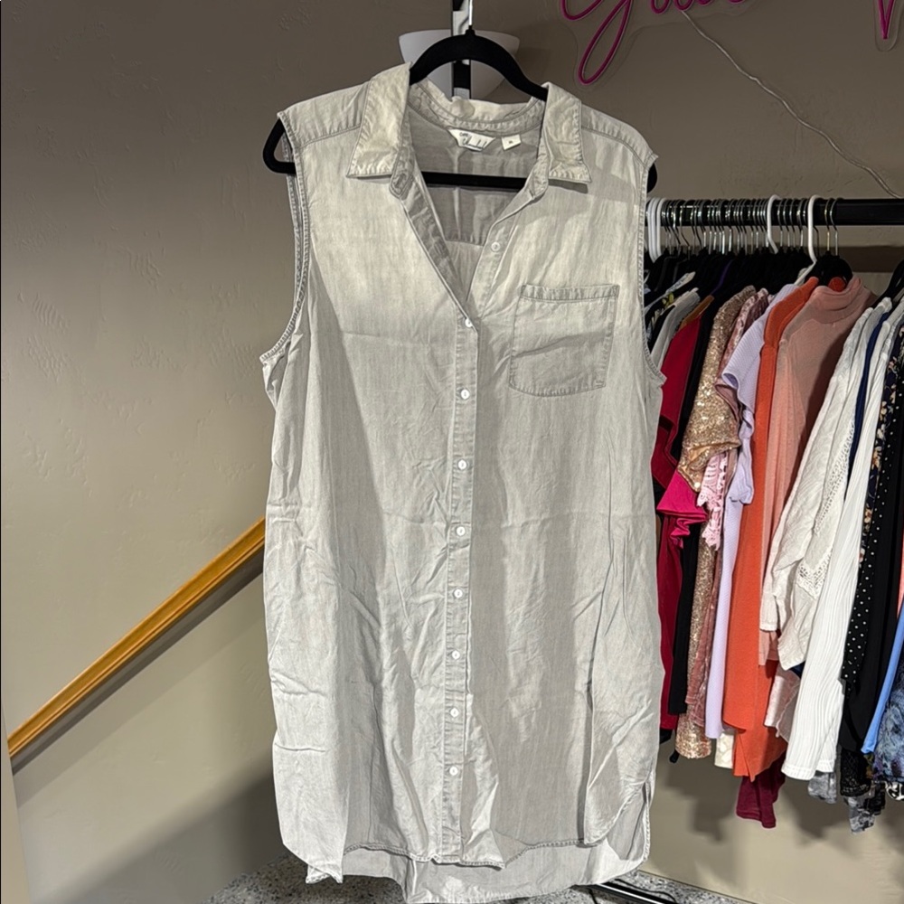 Grey Burnout Sleeveless Button Down Midi Dress